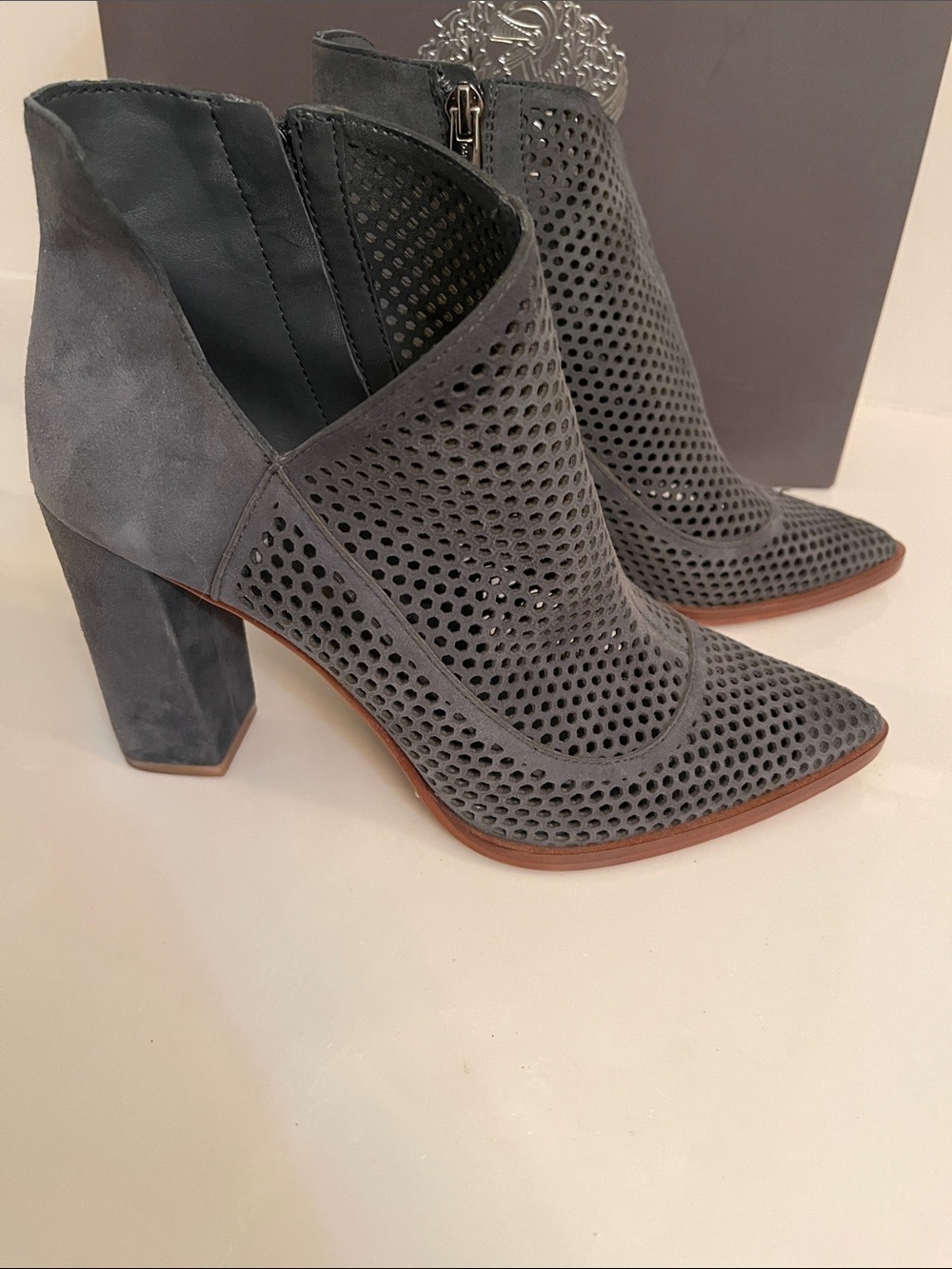 Vince Camuto Gray Perforated Suede Pointed-Toe Ankle Booties